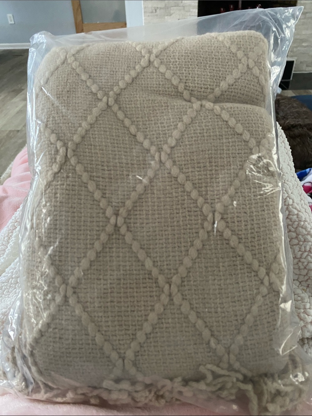 Neutral Cream Textured Diamond Throw Blanket by